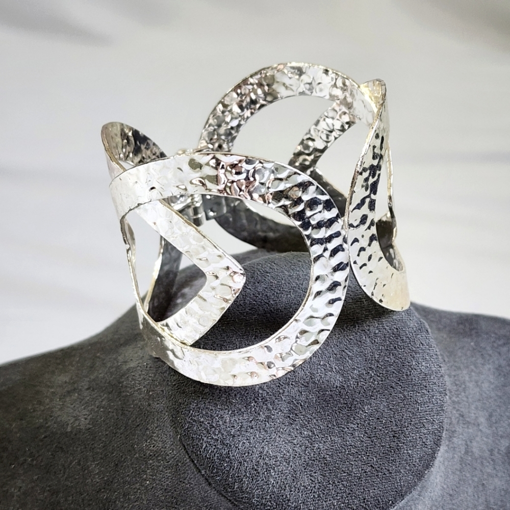 Cuff bracelet silvertone hammered wide bracelet